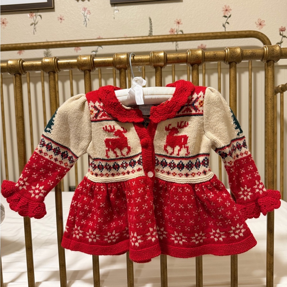 Vintage Ralph Lauren Red and Cream Knit Cardigan with Reindeer Pattern
